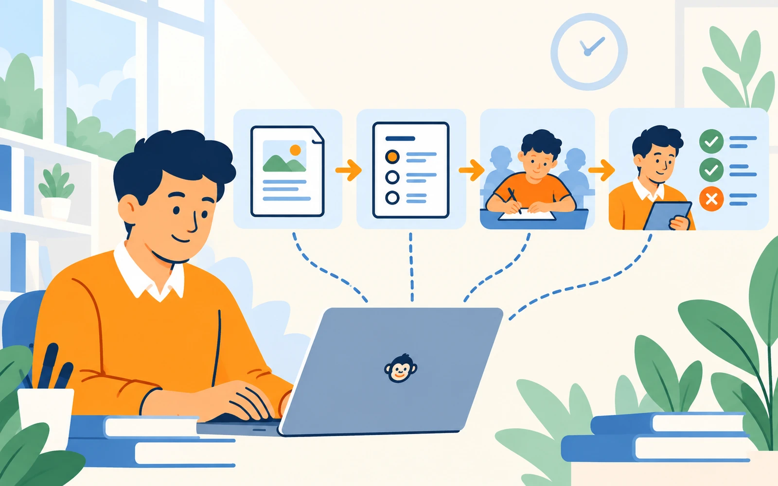Teacher using lesson material to create, deliver, grade, and review an online exam